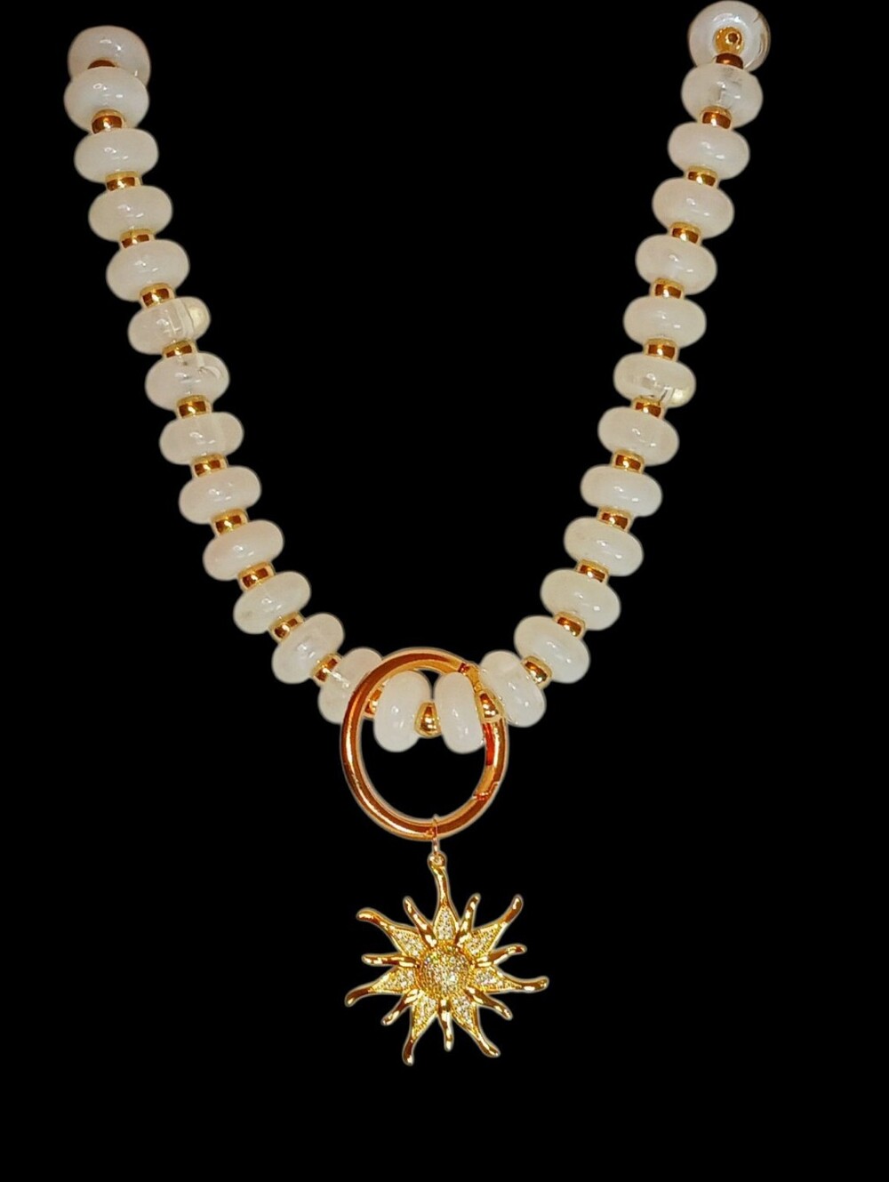 Chunky White Beaded Gold Sun Charm Necklace 90s Celestial Grunge Whimsy Girl 80s